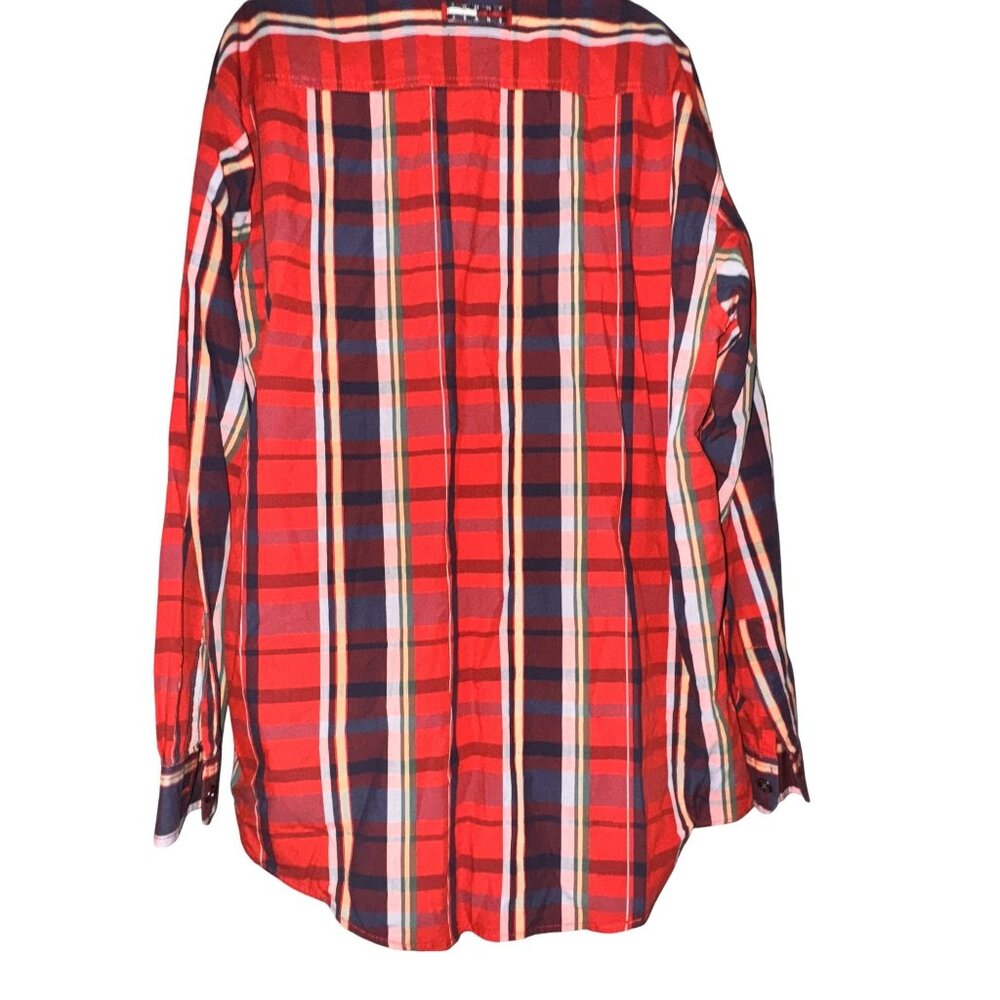 Tommy Hilfiger Jeans Red & Navy Plaid Long Sleeve Button-Up Shirt L color block - Picture 7 of 8